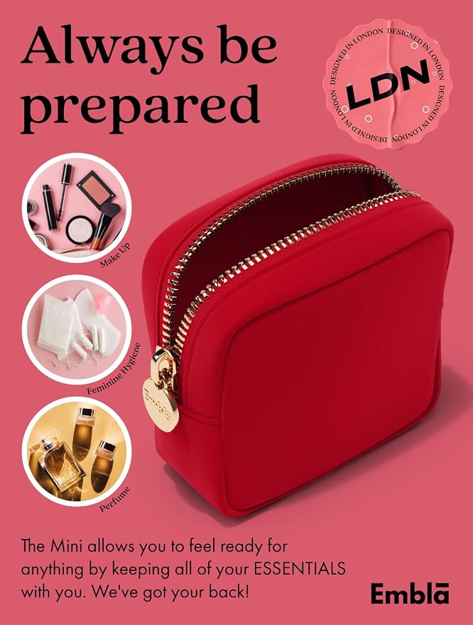 Embla Makeup Bag Travel Cosmetics Pouch and Toiletry Bag, Nylon Zipper Pouch Purse, Cute Make Up Organizer Storage Tote for Women Girls, Waterproof Travel Skincare Case, Small Makeup Bags, Ruby Red - Image 4