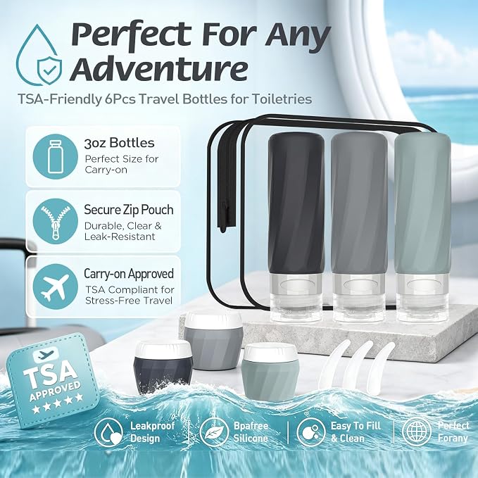6Pcs Travel Bottles for Toiletries, Silicone Travel Size Containers Set | TSA Approved BPA-FREE Silicone Leak Proof Refillable Bottles and Jars, Women & Men Airplane Cruise Essentials Kit - Image 3