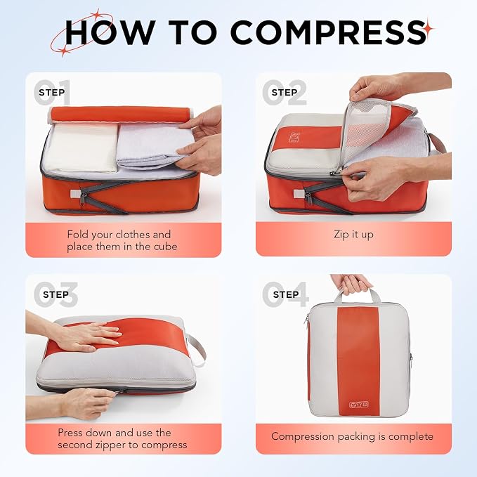 OlarHike 10 Set Compression Packing Cubes for Travel Essentials,Compressible Expandable Space Saver Bags for Organizing Clothes,Luggage Suitcase Garment Bags with Over 1000 pcs Mesh Holes(Orange) - Image 3