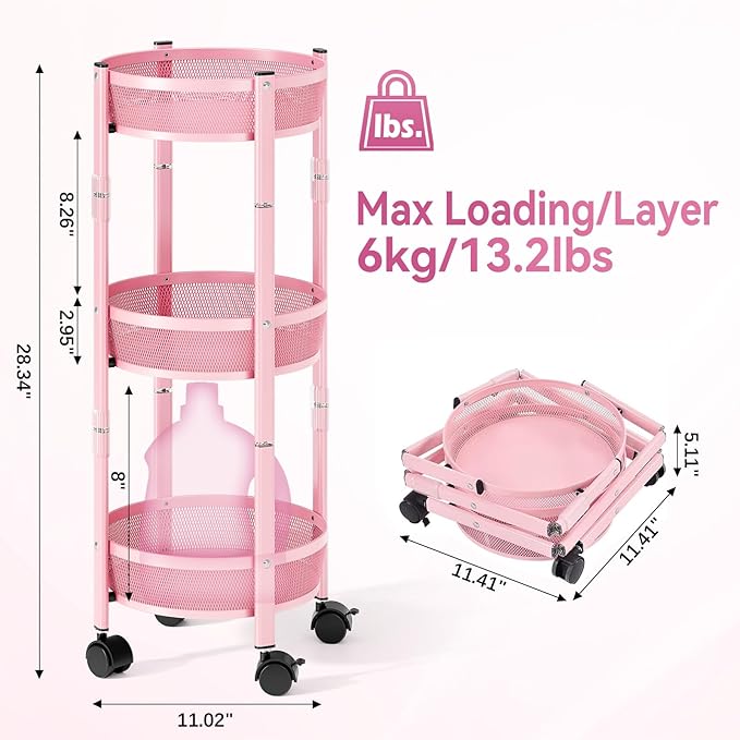 TOOLF 3 Tier Foldable Rolling Cart, Metal Utility Storage Cart, Pink | Assembly-Free, Lockable Wheels, Round Trolley Organizer for Bathroom, Kitchen, Office, Dorm, Laundry, Craft Room - Image 2