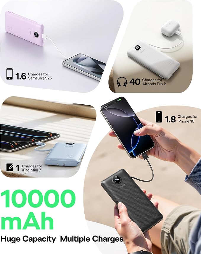 VEGER Portable Charger, 10000mAh Power Bank Built in Wall Plug and Cables | Ultra Slim&Compact, Charge 5 Devices at Once, Flight-Safe, Travel Essentials Battery Pack for iPhone 17, iPad, Samsung, etc - Image 4
