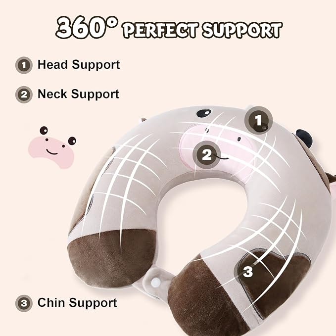 Cirorld Travel Pillow for Kids Adult Cute Neck Pillow for Traveling Memory Foam Airplane Pillow Sleep Mask Animal Flight Pillow Head Rest Neck Support for Cars Long Flights (Cow, 9-12 Y/O) - Image 2