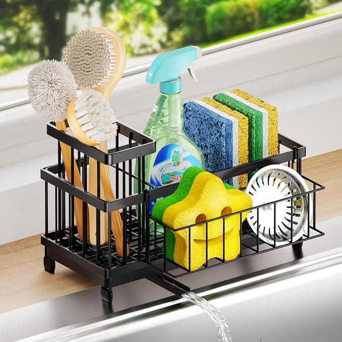 SWTYMIKI Sink Caddy Sponge Holder - Large Sponge Holder for Kitchen Sink with 360°Auto-Drain Tray, Rustproof Stainless Steel Kitchen Organizer Caddy for Countertop Organization by SwtyMiki-TidyHomeSweetLife