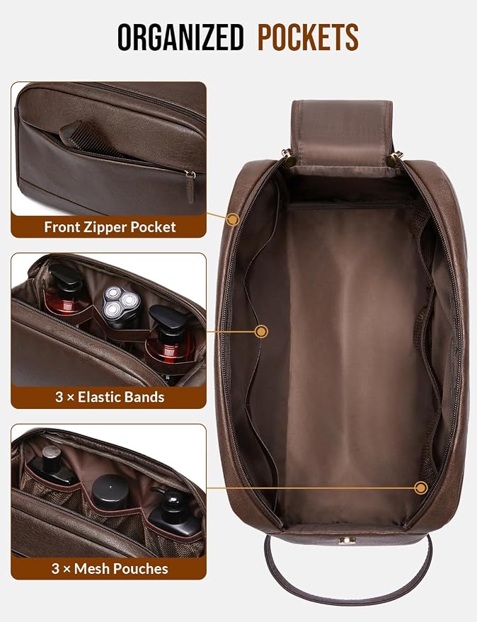 Large PU Leather Toiletry Bag for Men - Water Resistant Travel Bag for Toiletries, Bathroom Essentials, Accessories - Dark Brown - Image 3