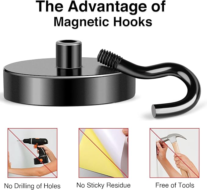 Magnetic Hooks 120Lbs Heavy Duty Magnets with Hook for Cruise Cabin | Strong Magnet Hooks for Hanging Super Metal Magnetic Hanger for Grill Fridge Kitchen Pack of 4 Black - Image 5