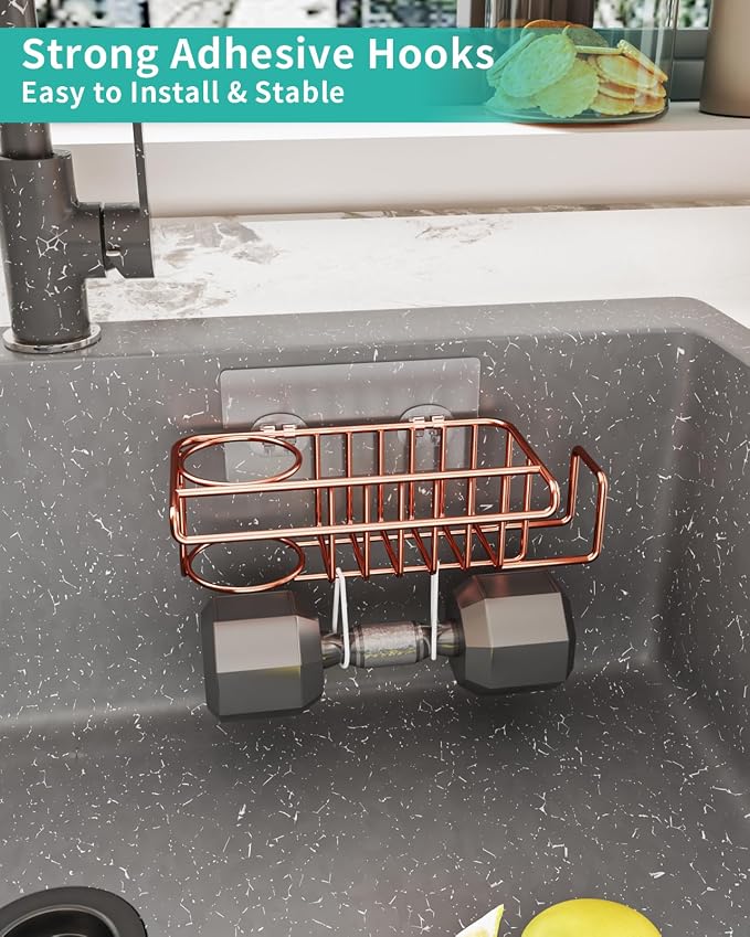HapiRm Sponge Holder for Kitchen Sink, No Drill Kitchen Sink Caddy Organizer, Rustproof and Waterproof Dish Sponge Holder - Rose Gold - Image 2
