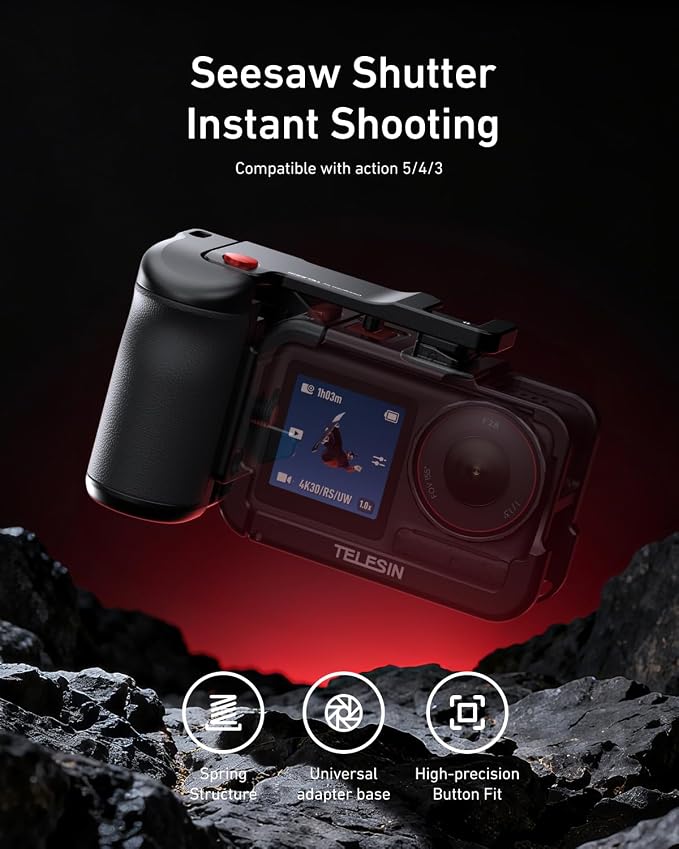 TELESIN Metal Street Photography Grip Handle for DJI Action 5 Pro/4/3 | Seesaw Shutter Button, Quick Release, Cold Shoe, Wrist Strap, 1/4 Threaded Hole Camera Grip, Camera Grip for TELESIN Cage - Image 3