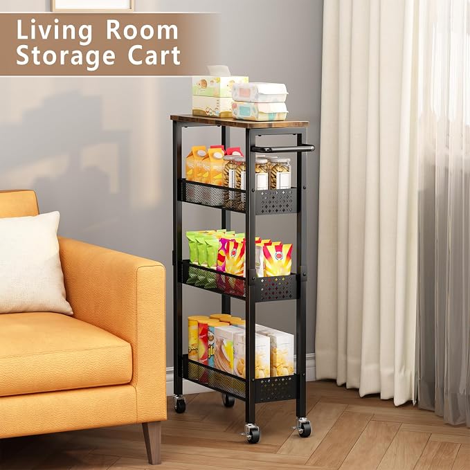 Slim Storage Cart with Wheels, 4 Tier Metal Rolling Organizer with Wood Top and Handle, Narrow Utility Shelf for Kitchen Bathroom Laundry Room, Black - Image 9