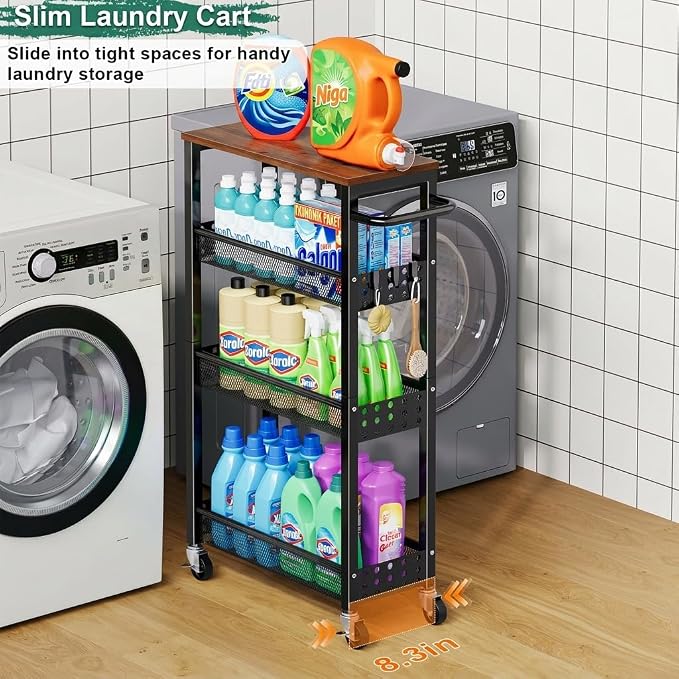 4 Tier Slim Rolling Cart with Wheels for Between Washer and Dryer Storage | Black Metal Rolling Spice Rack Next to Fridge, Narrow Kitchen Cabinet for Small Spaces, Laundry Room Organizer Carts - Image 6