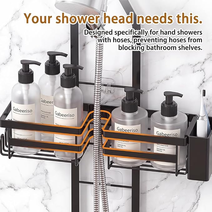 Shower Caddy Hanging Overhead, Adjustable Organizer, Black | Rustproof Bathroom Shelf Fits Handheld & Fixed Shower Heads, 12 Hooks, Soap & Toothbrush Holder, No-Drill Installation - Image 3