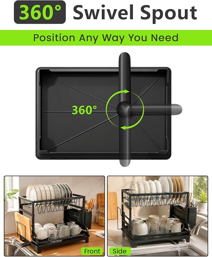2-Tier Foldable Dish Drying Rack with Drainboard, Stainless Steel Large Capacity Kitchen Counter Organizer with Cup Holder, Utensil & Cutting Board Storage, No Assembly Required, Black - Image 2