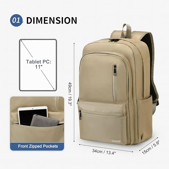 Laptop Backpack for Men & Women 15.6 Inch Office Anti Theft, Khaki | Small Work Backpack Water Resistant with Luggage Strap Theft Proof Sleek Backpack Oxford Material for Commute, Work, Travel - Image 3