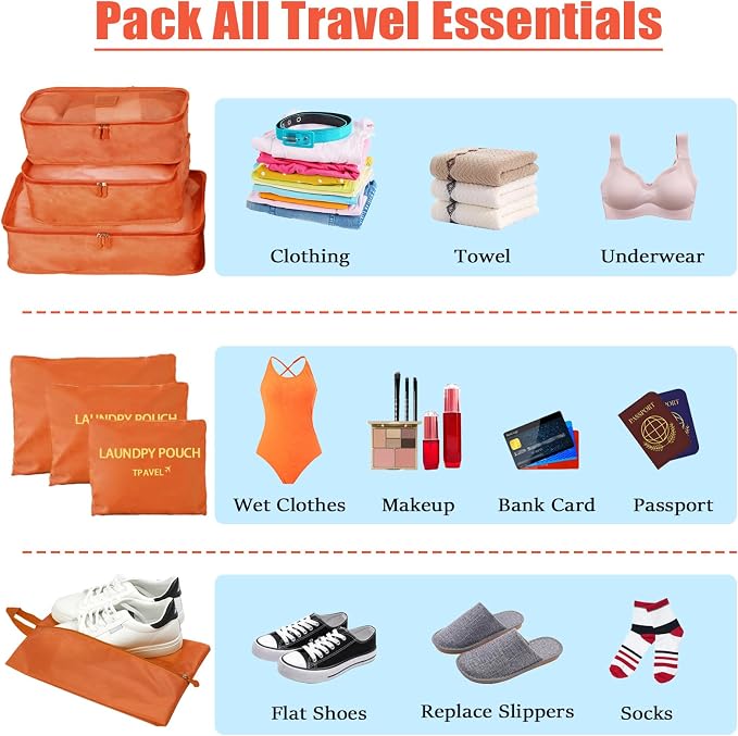 7 Set Packing Cubes for Travel Luggage Packing Bags Reusable Waterproof Suitcase Organizer Bags Set with Shoe Bag and Toiletry Bag (Orange) - Image 9