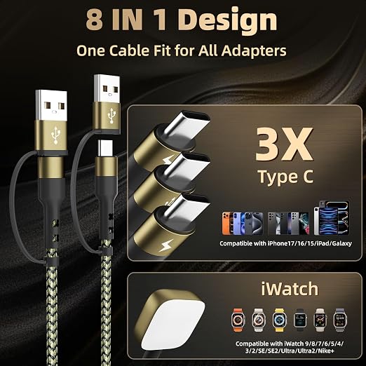 3 Type-C Ports 4 in 2 Multi Charging Cable for iWatch Charger/ iPhone17-15 | 5FT Portable Travel Essentials, USB C Splitter iPhone Watch Charger for iWatch Ultra/SE/11-2, Carplay Supported for RV/Car - Image 2