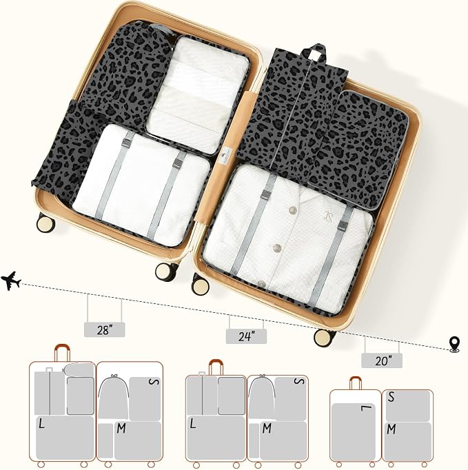 9 Set Packing Cubes for Travel Essentials - Lightweight Carry-On Luggage Organizer Bags with Shoe, Clothes & Laundry Bags for Airplane, Family & Business Travel, Gray leopard print - Image 3