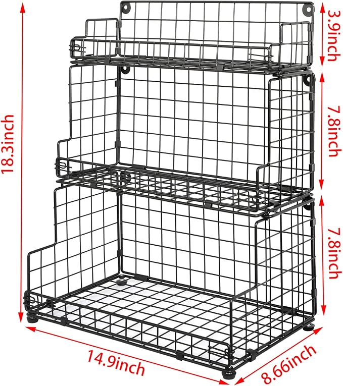 X-cosrack Stackable Wire Basket 3 Tier Countertop& Wall Mounted Metal Storage Basket for Kitchen Pantry Cabinet, Muti-functional Open Front Bin Organizer for Food Fruit Snack, Black - Image 6
