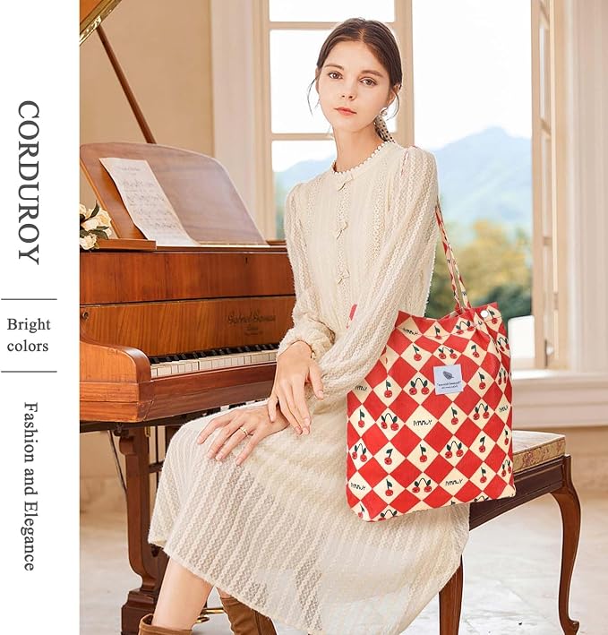 LHMTQVK Corduroy Tote Bags for Women, Large Capacity Tote Purse Reusable Grocery Shoulder Bag with Inner Pockets - Image 5