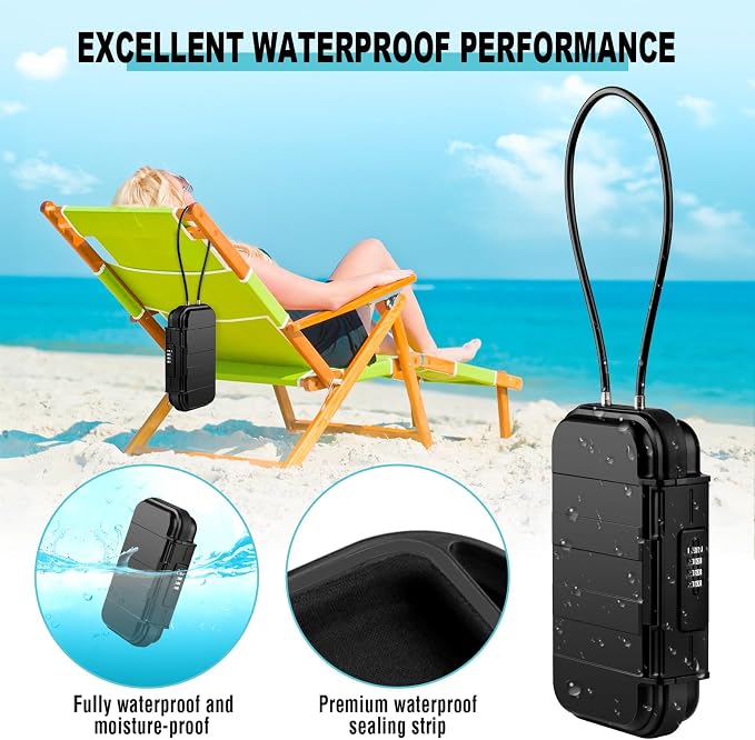 HUANLANG Portable Safe Lock Box with Combination Lock Mini Beach Travel Safe Waterproof Small Lockable Boxs with Removable Wire Rope Combination Lock Box for Dorm,Travel,Beach,Hotel,Car,Home,Office - Image 3