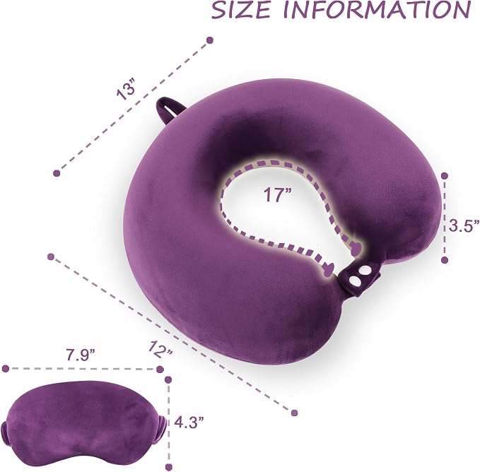 Sexysamba Pure Memory Foam Travel Pillow Set for Adults - Comfortable & Removable Machine Washable Cover, Neck Support Pillow Airplane Travel Kit with Eye Mask for Portable Plane Accessories - Purple - Image 2