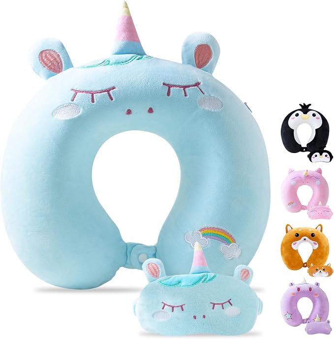 Cirorld Travel Pillow for Kids Adult Cute Neck Pillow for Traveling Memory Foam Airplane Pillow Sleep Mask Animal Flight Pillow Head Rest Neck Support for Cars Long Flights (Blue, 3-8 Y/O) by CIRORLD