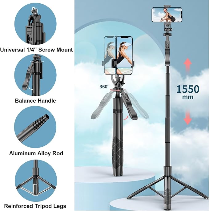 60" Phone Tripod & Selfie Stick - Tripod for iPhone with Remote, Extendable Cell Phone Stand Holder for Video Recording Vlog, Travel Tripode Compatible with iPhone Android Camera - Image 2