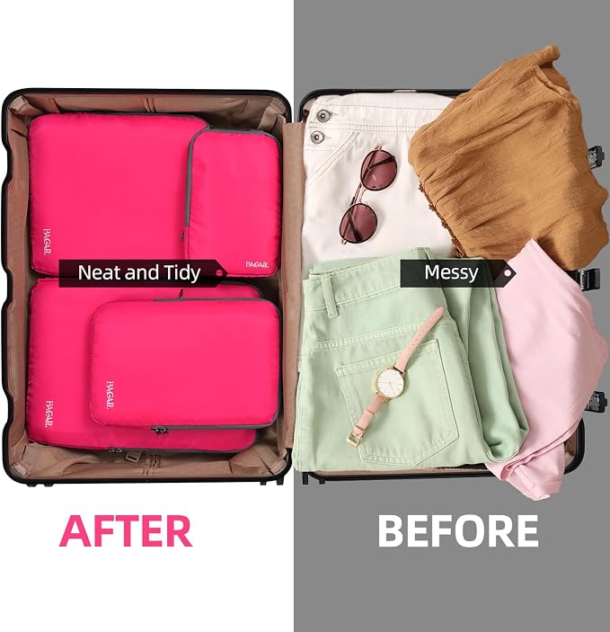 BAGAIL 4 Set/6 Set/8 Set Compression Packing Cubes Travel Accessories Expandable Packing Organizers (Cloth Pattern, 4-Fuchsia) - Image 6