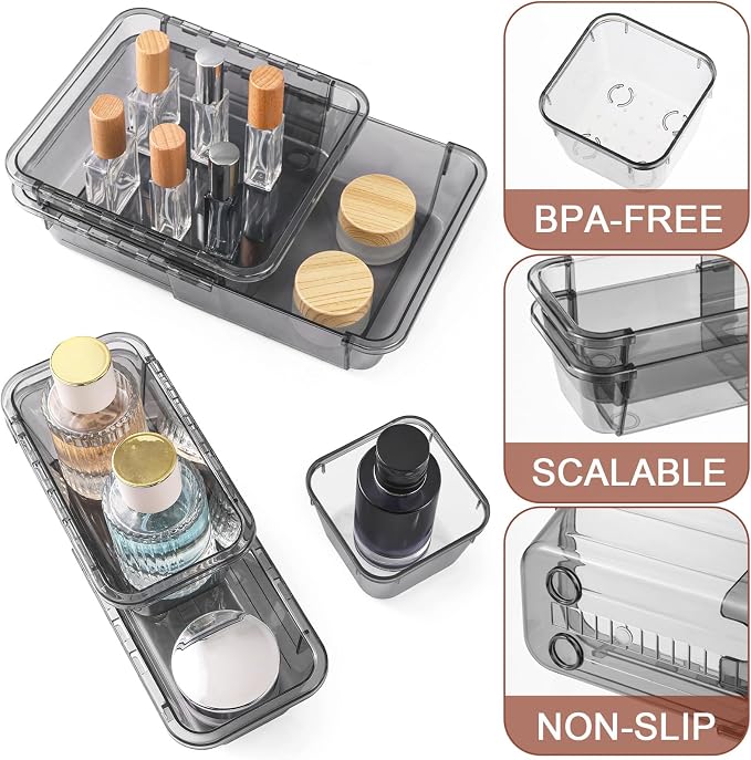 25 Pcs Clear Drawer Organizer, Adjustable Drawer Storage Box, 3-Size Desk Drawer Organizer, Acrylic Storage Bins for Makeup, Kitchen Utensils, Bedroom Dressers Tool Organizer for Gadgets, Black - Image 3