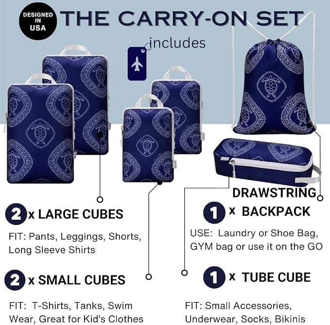 6-Set Compression Packing Cubes for Travel with Drawstring Backpack-Luggage Organizers for Suitcase-Water Resistant, Lightweight Vacation Essentials, Blue Turtle - Image 3