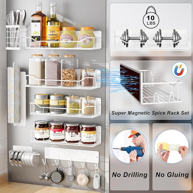 Magnetic Spice Rack for Refrigerator,8 Pack Magnetic Fridge Shelf, Moveable Spice Organizer with Hook Rack, Paper Towel Holder, Utensil Holder,cup lid holder, Super Magnetic Rack Set (White) - Image 3