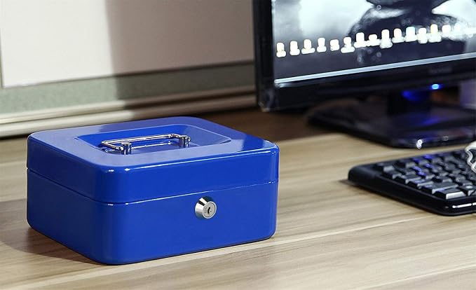 Jssmst Locking Medium Steel Cash Box with Money Tray,Lock Box,Blue - Image 4
