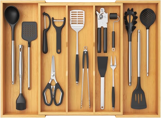 Lifewit Bamboo Utensil Organizer for Kitchen Drawer, Cooking Utensil Tray | Expandable Cutlery Silverware Flatware Holder, Wood Adjustable Spatula Tools Storage Divider, 15.6-28 x 18.5", Natural by Lifewit
