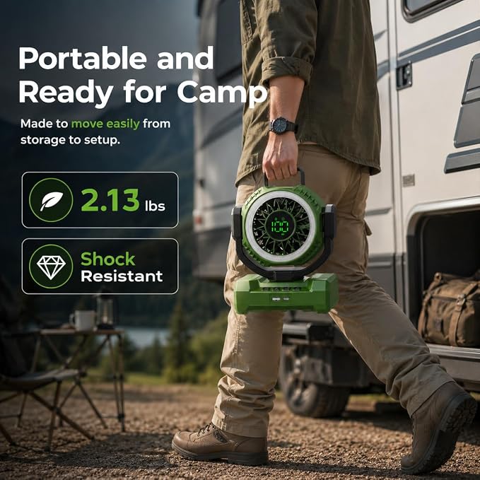 3-in-1 Portable Camping Fan, 20000mAh Rechargeable Fan with 1-100 Speeds | Auto-Oscillating Cordless Battery Powered Fan with 12H Timer, LED Lantern, Display, Gift for Men Women, Travel, Jobsite, Tent - Image 7