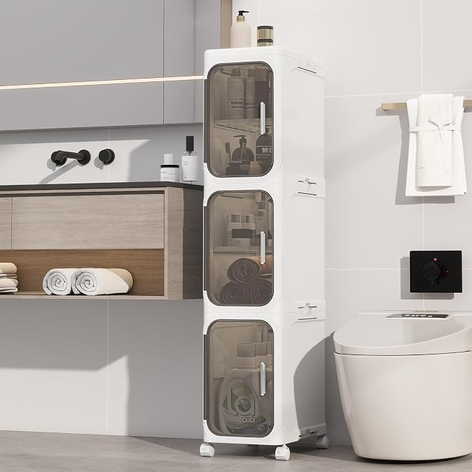 3 Tier Slim Bathroom Storage Cabinet, Foldable and Movable, White | Tools Free, ABS and PET, Magnetic Clear Door, Adjustable Shelves, Lockable Wheels, Water Resistant, For Narrow Space by Neathub