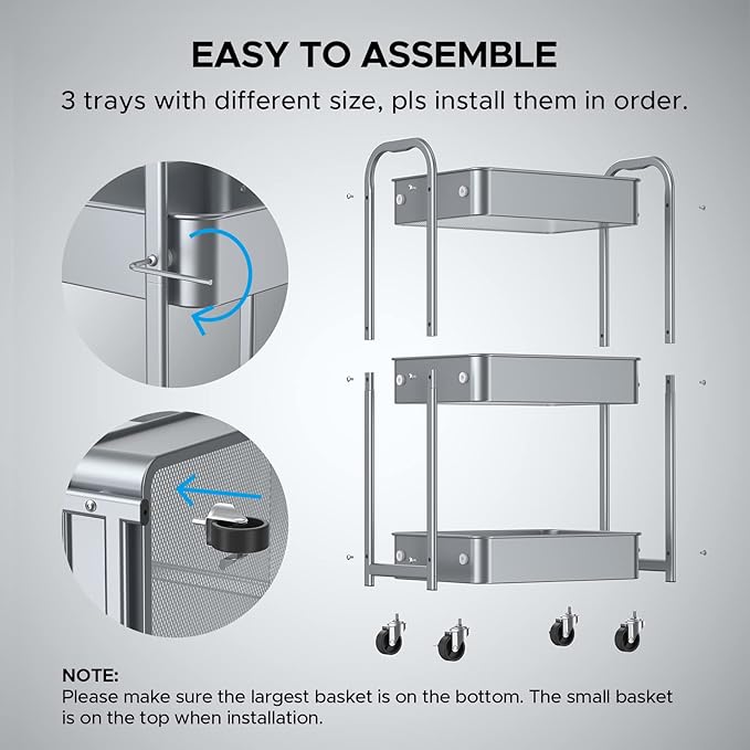 MAX Houser 3-Tier Rolling Utility Cart with Caster Wheels, Silvery-Grey | Easy Assembly, multi-purpose storage trolley for kitchen, rolling cart with smooth caster wheels for bathroom - Image 6
