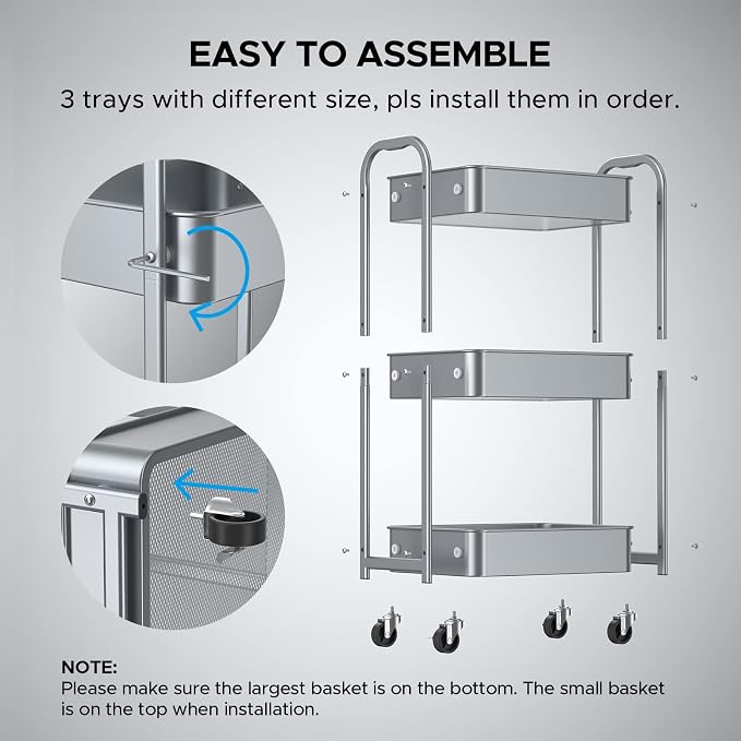 MAX Houser 3-Tier Rolling Utility Cart with Caster Wheels,Easy Assembly, for Kitchen, Bathroom (Silvery-Grey) (Pack of 3) - Image 6