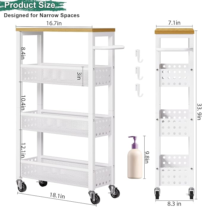 4 Tier Slim Rolling Cart with Wheels for Between Washer and Dryer Storage | White Metal Rolling Spice Rack Next to Fridge, Narrow Kitchen Cabinet for Small Spaces, Laundry Room Organizer Carts - Image 2