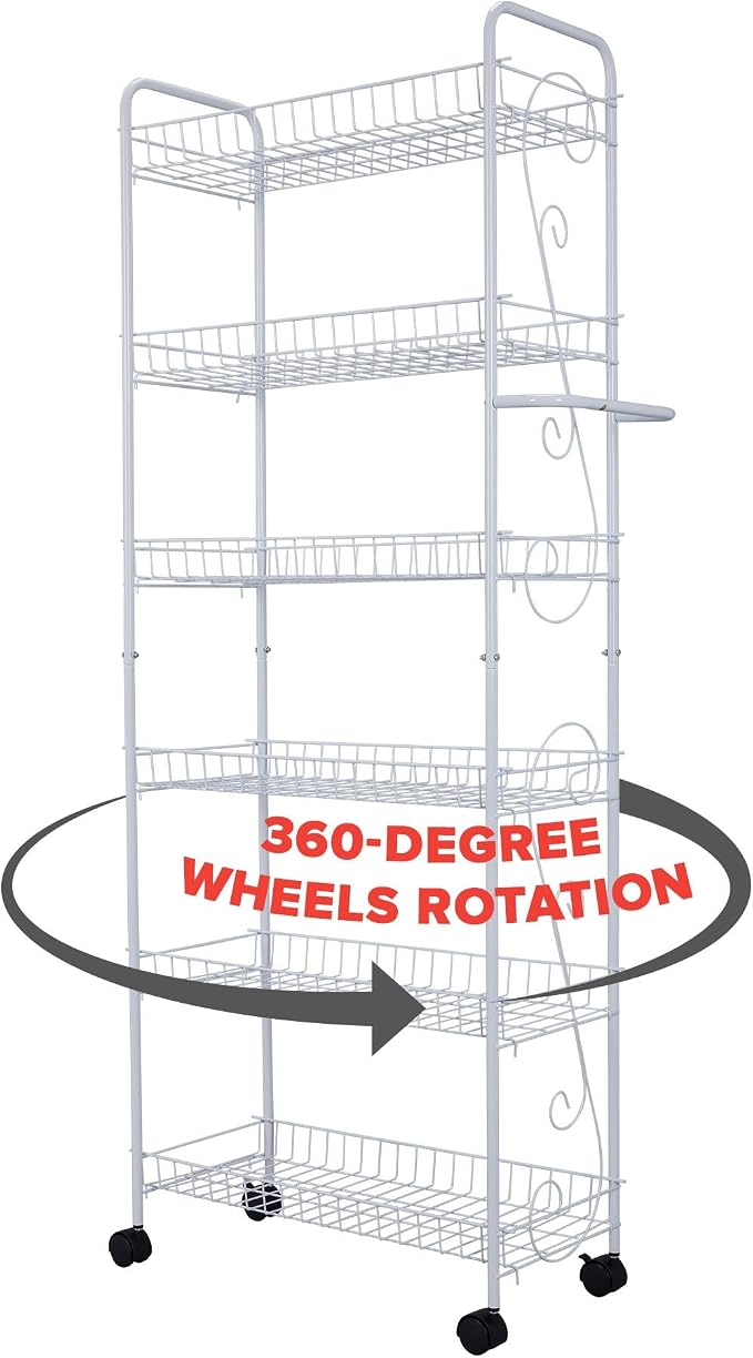 Slim Rolling Pantry Cart 6 Tier Shelf, Space-Saving Kitchen & Spice Rack on Wheels, 10 Inch Deep - White Metal - Image 8