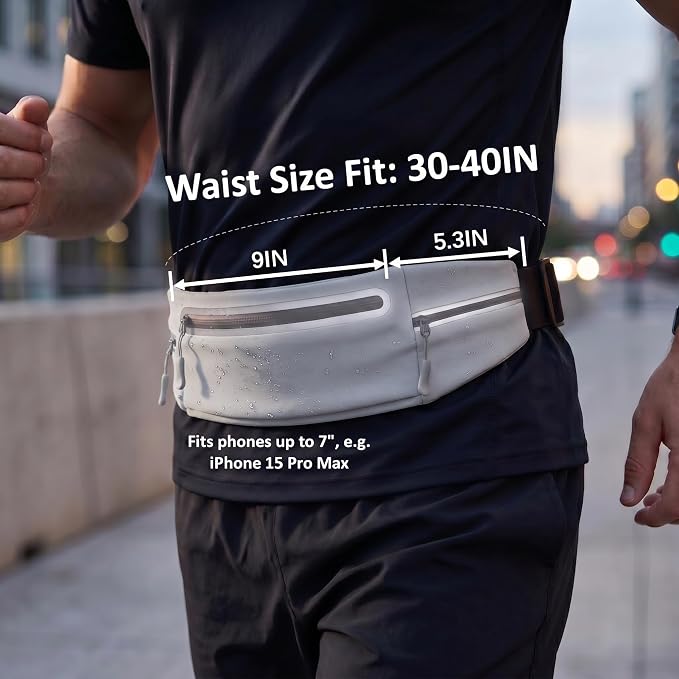 Running Belt for Women Men, Slim No-Bounce Waist Pack, Water Resistant Reflective Phone Holder Fits Phones up to 7.5 inch, Adjustable Fanny Pack for Running Jogging Hiking (Grey) - Image 7