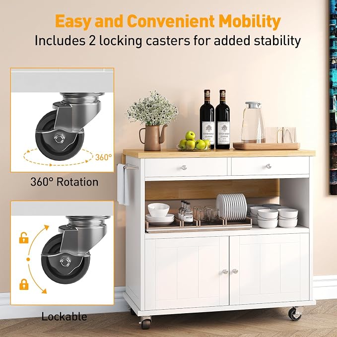 Rolling Kitchen Island with Folding Drop Leaf Breakfast Bar, 35.4'' W Kitchen Cart with Storage Cabinet and 2 Drawers, Portable Mobile Kitchen Island Table with Towel Rack, Lockable Wheels, White - Image 7