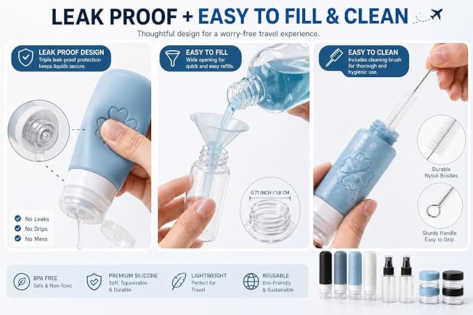 18 Pack TSA Approved Travel Bottles for Toiletries – Leak Proof Silicone Refillable Containers Set with Toiletry Bag, Squeeze Bottles, Spray Bottles & Cream Jars for Shampoo, Conditioner & Lotion - Image 5