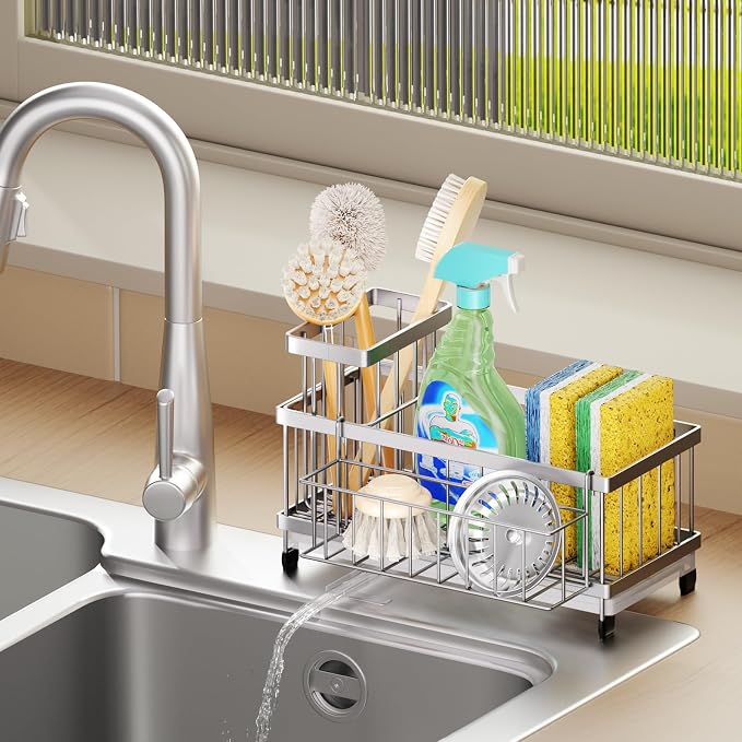 SWTYMIKI Sink Caddy Sponge Holder - Large Sponge Holder for Kitchen Sink with 360°Auto-Drain Tray, Rustproof Stainless Steel Kitchen Organizer Caddy for Countertop Organization - Image 8