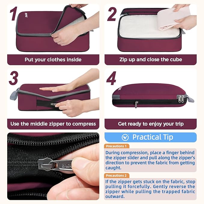 BAGAIL 4 Set/6 Set/8 Set Compression Packing Cubes Travel Accessories Expandable Packing Organizers (Cloth Pattern, 4-Burgundy) - Image 3