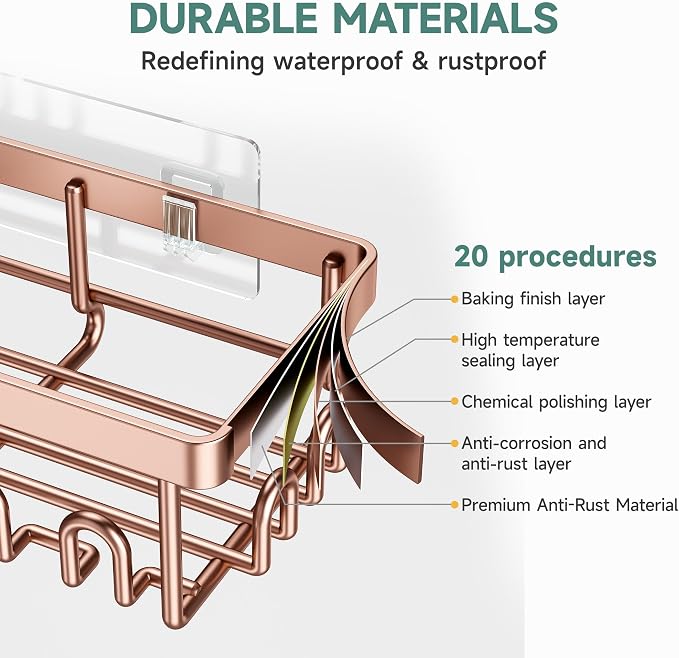 Veken Shower Caddy 6-Pack, No Drilling & Rustproof, Waterproof Adhesive Shelves Rack with Soap Holder, Large Capacity Bathroom Organizers and Storage, Wall-Mounted Kitchen & Home Decor, Rose Gold - Image 4