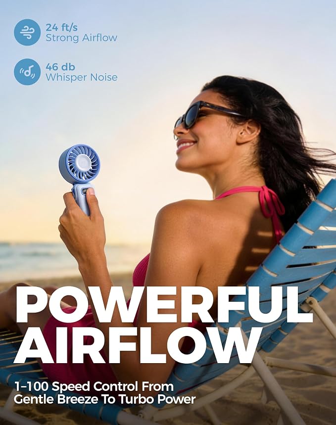 Diveblues Portable Turbo Fan, 100 Speed Handheld Fan with Strong Airflow, Foldable 4 in 1 Personal Fan for Neck, Desk & Travel, USB-C Rechargeable, Lightweight for Summer, Concerts & Outdoor Use - Image 3