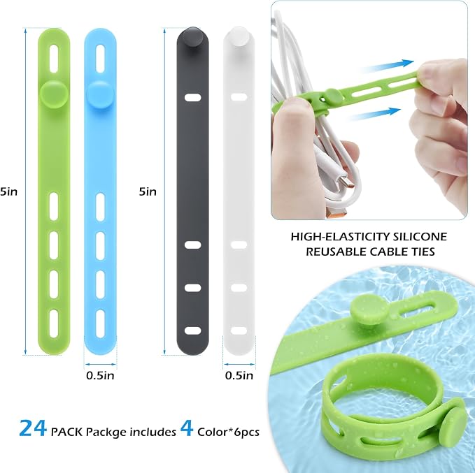 24 Pcs Silicone Cable Ties, Cord Organizer Ties, Cord Ties Reusable, Cord Wrap Cable Organizer 5Inch Cable Management (4 Color) Cbfoeyk - Image 2