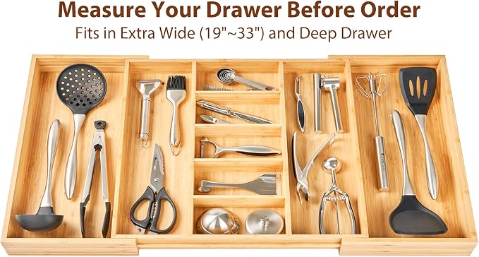 Extra Large Expandable Kitchen Drawer Organizer for Utensil and Junk, 19" Deep for Big Drawer, 19" to 33" Adjustable Bamboo Wood Drawer Divider, Cutlery Tray, Flatware Holder - Image 4