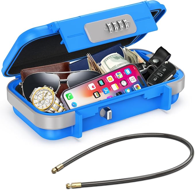 AMIR Portable Safe Box, Combination Lock Box with Code, Waterproof Anti-Theft Mini Travel Safe Box with Removable Chain, Portable Lock Box for Car Dorm Beach Hotel by AMIR