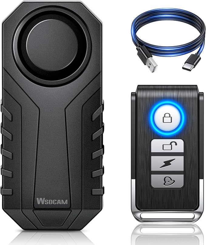 WSDCAM 113dB Wireless Bike Alarm with Remote, Rechargeable Bicycle Alarm System Anti Theft, IP65 Waterproof, 3 Volume Bike Alarms for E-Bikes, Motorcycles, Scooter, Outdoor Riding and Cycling Safety by wsdcam