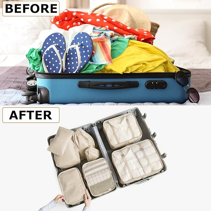 LANSKLBD 6/8 Set Packing Cubes for Suitcases Travel Luggage Packing Organizers,Travel Accessories Essentials Luggage Organizer with Shoe/Tioletry/Laundry Bag (Beige, 8 set) - Image 3