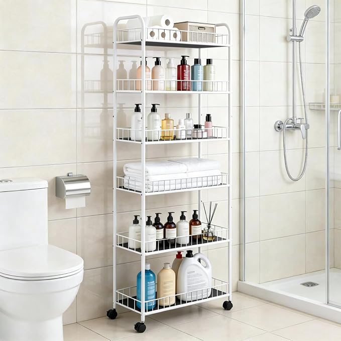 10in 6 Tier Slim Storage Cart with Wheels,White Narrow Space Rolling Shelving Unit, Metal Wire Mobile Organizer Rack for Kitchen Bathroom Office Laundry - Image 4